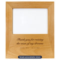 Engraved Red Alder Wood Photo Frame with sample personalization (mockup)