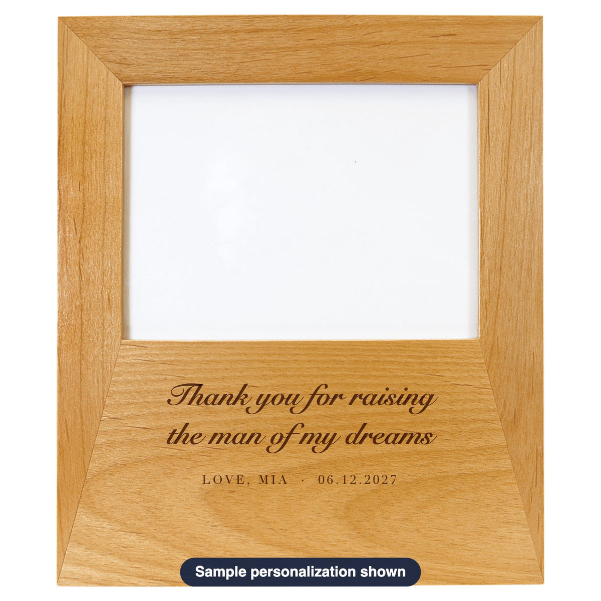 Engraved Red Alder Wood Photo Frame with sample personalization (mockup)
