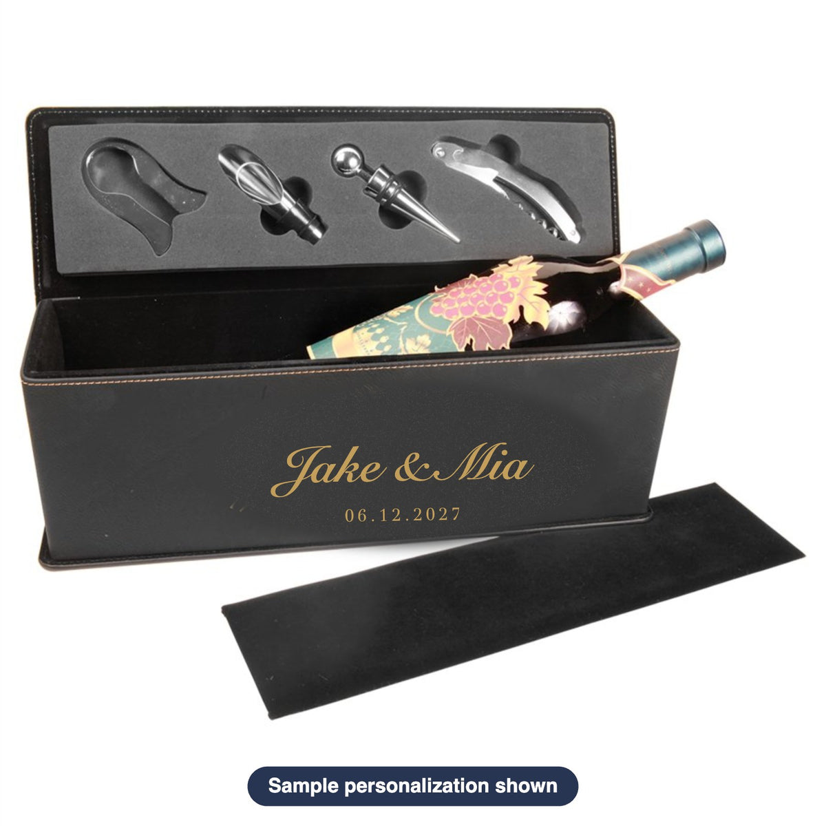 Engraved Leatherette Wine Box with Tools with sample personalization (mockup)