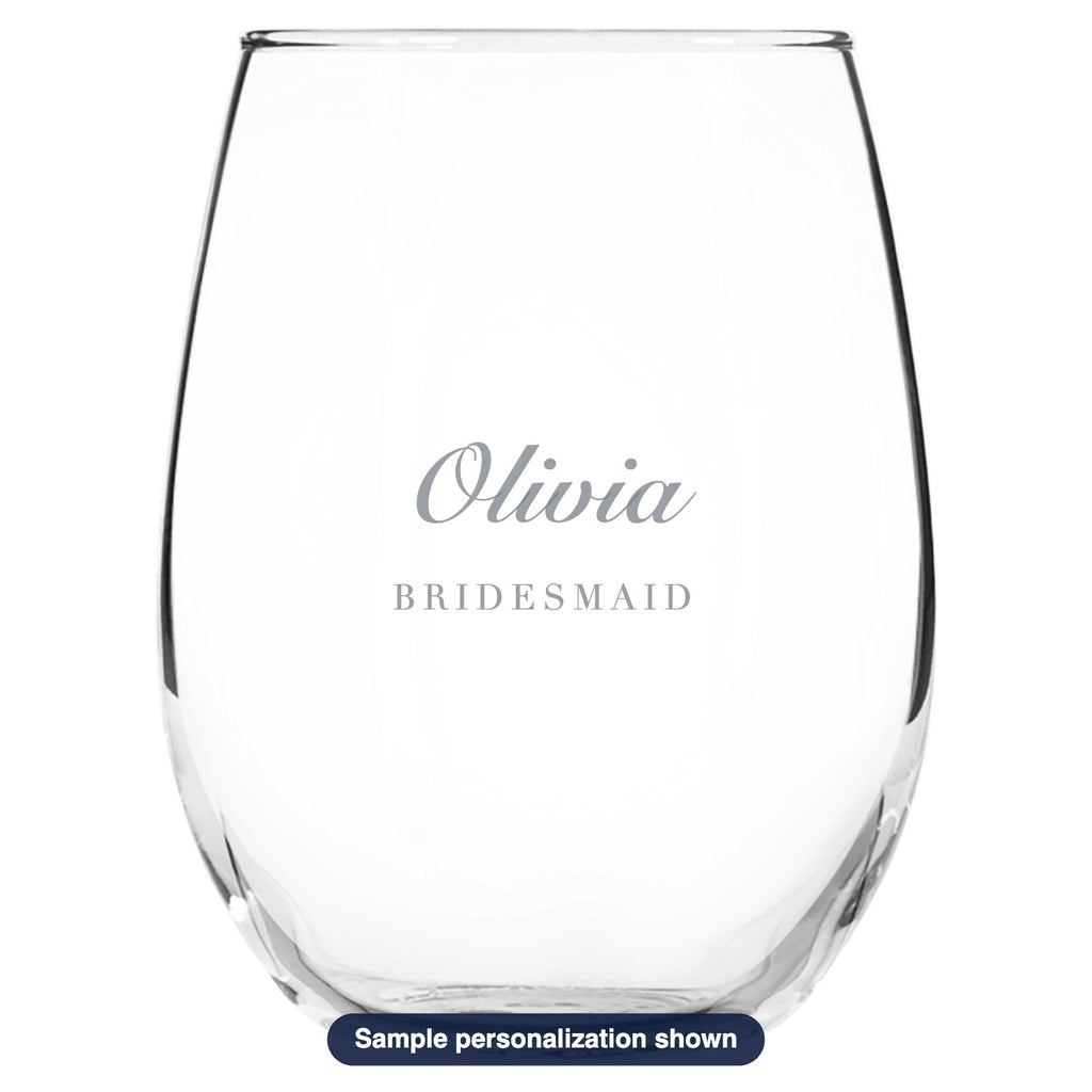 Engraved Stemless Wine Glass with sample personalization (mockup)