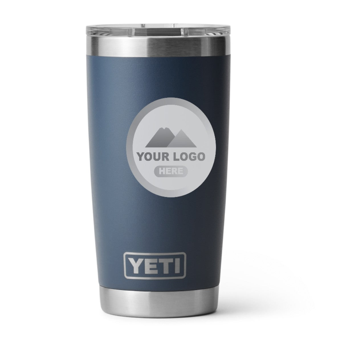 YETI 20 oz Rambler tumbler in Navy, laser engraved with a sample logo