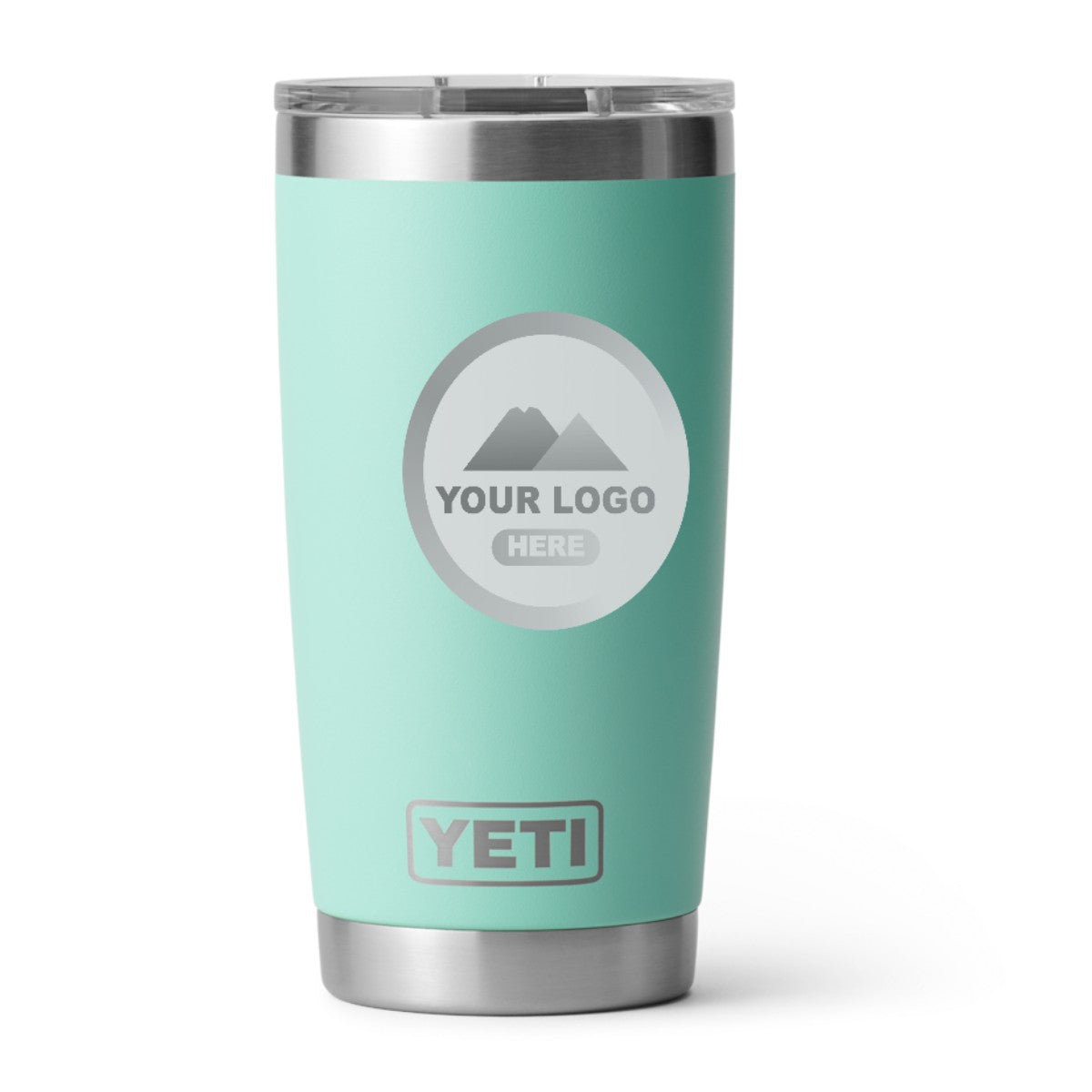 YETI 20 oz Rambler tumbler in Seafoam, laser engraved with a sample logo