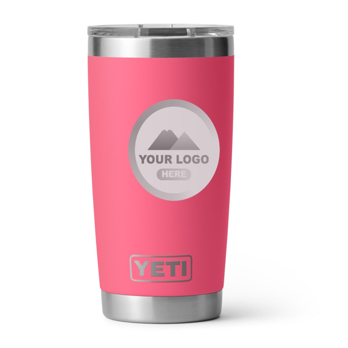 YETI 20 oz Rambler tumbler in Tropical Pink, laser engraved with a sample logo