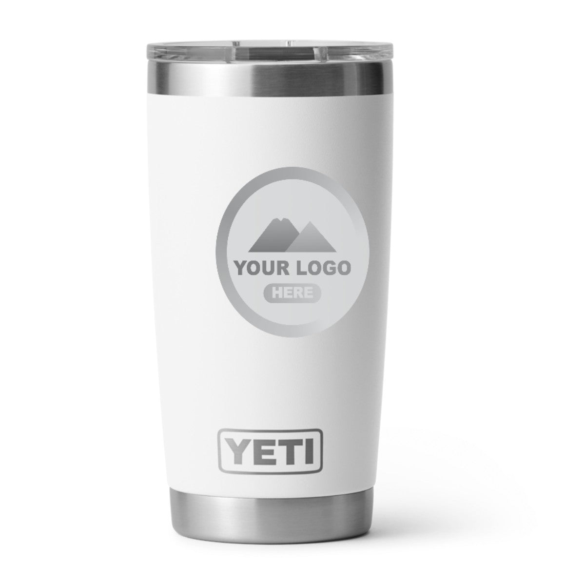 YETI 20 oz Rambler tumbler in White, laser engraved with a sample logo
