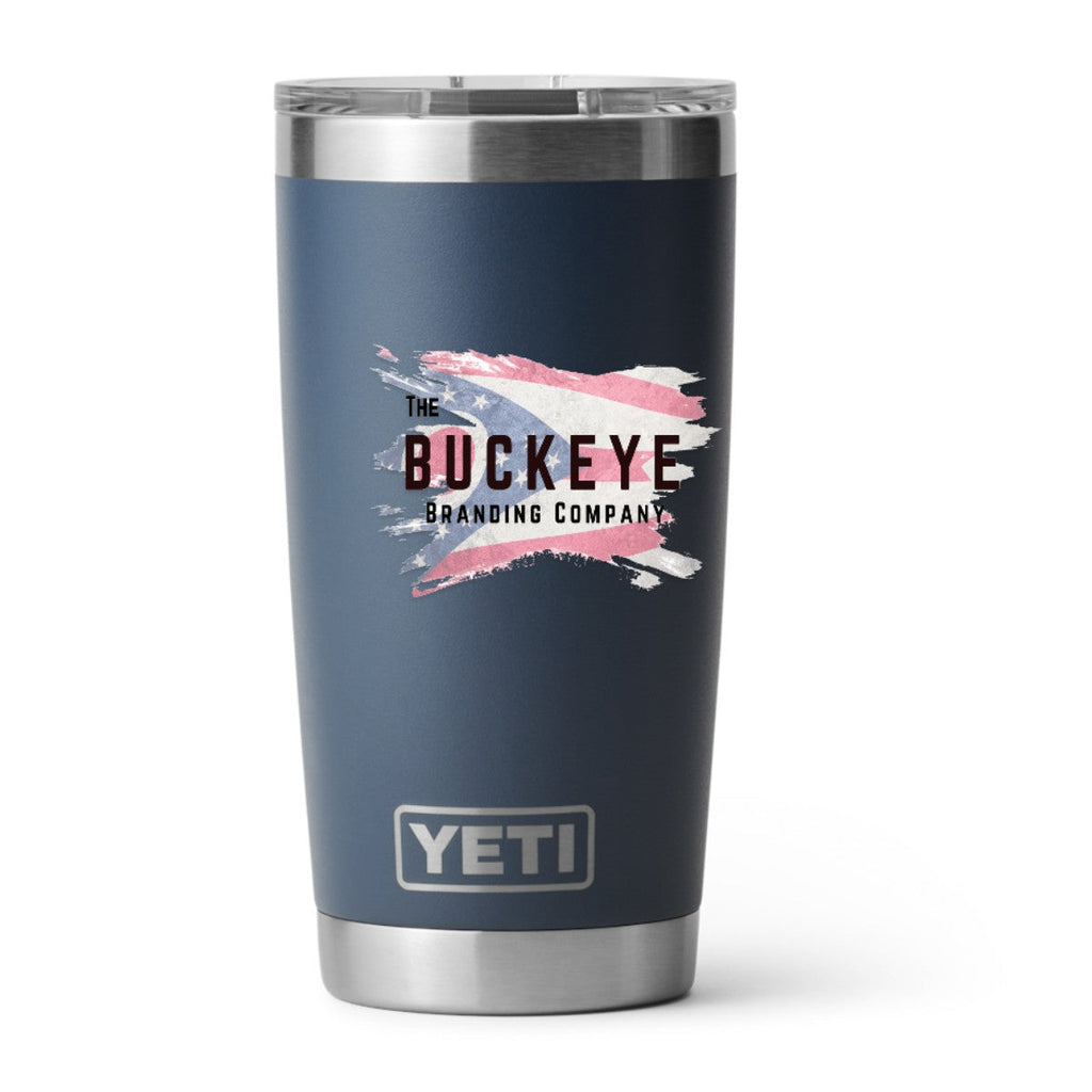 YETI Rambler 20 oz. tumbler in Navy, UV printed with a full-color sample logo
