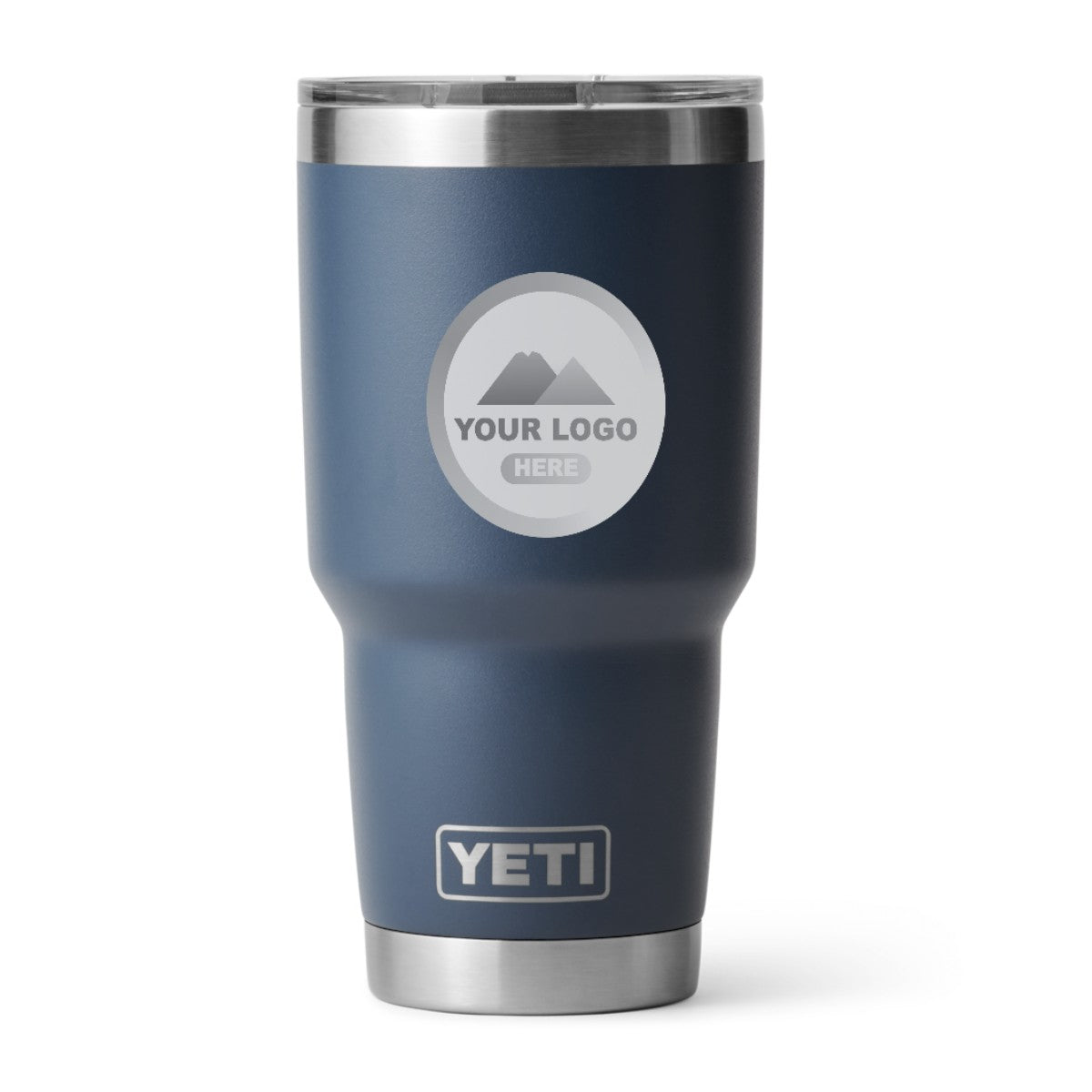 YETI 30 oz Rambler tumbler in Navy, laser engraved with a sample logo