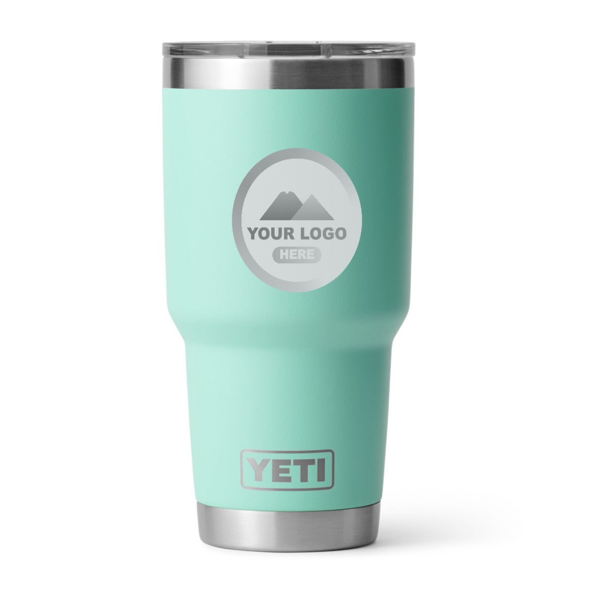 YETI 30 oz Rambler tumbler in Seafoam, laser engraved with a sample logo