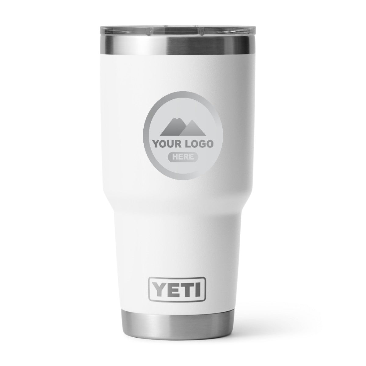 YETI 30 oz Rambler tumbler in White, laser engraved with a sample logo