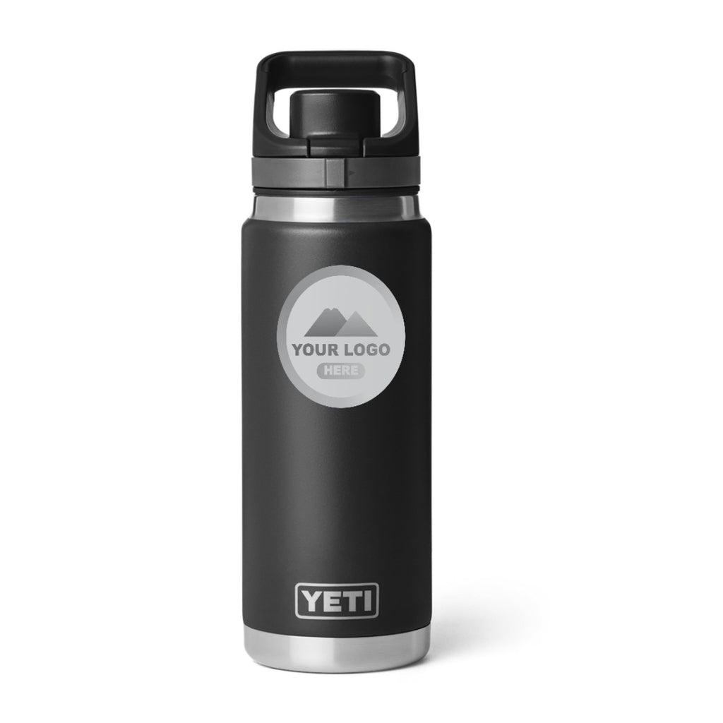 YETI Rambler 26 oz water bottle in Black, laser engraved with a sample logo