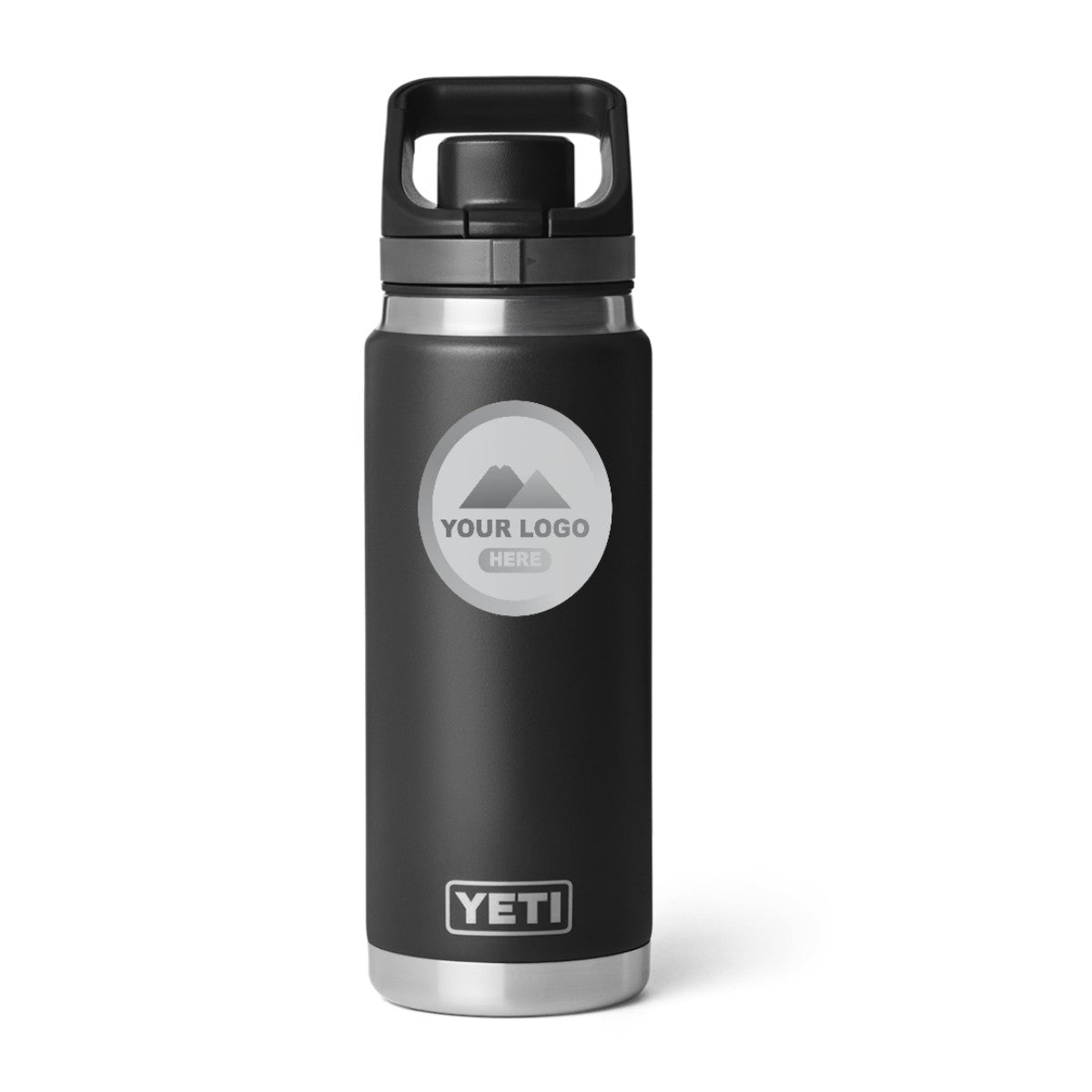 YETI Rambler 26 oz water bottle in Black, laser engraved with a sample logo