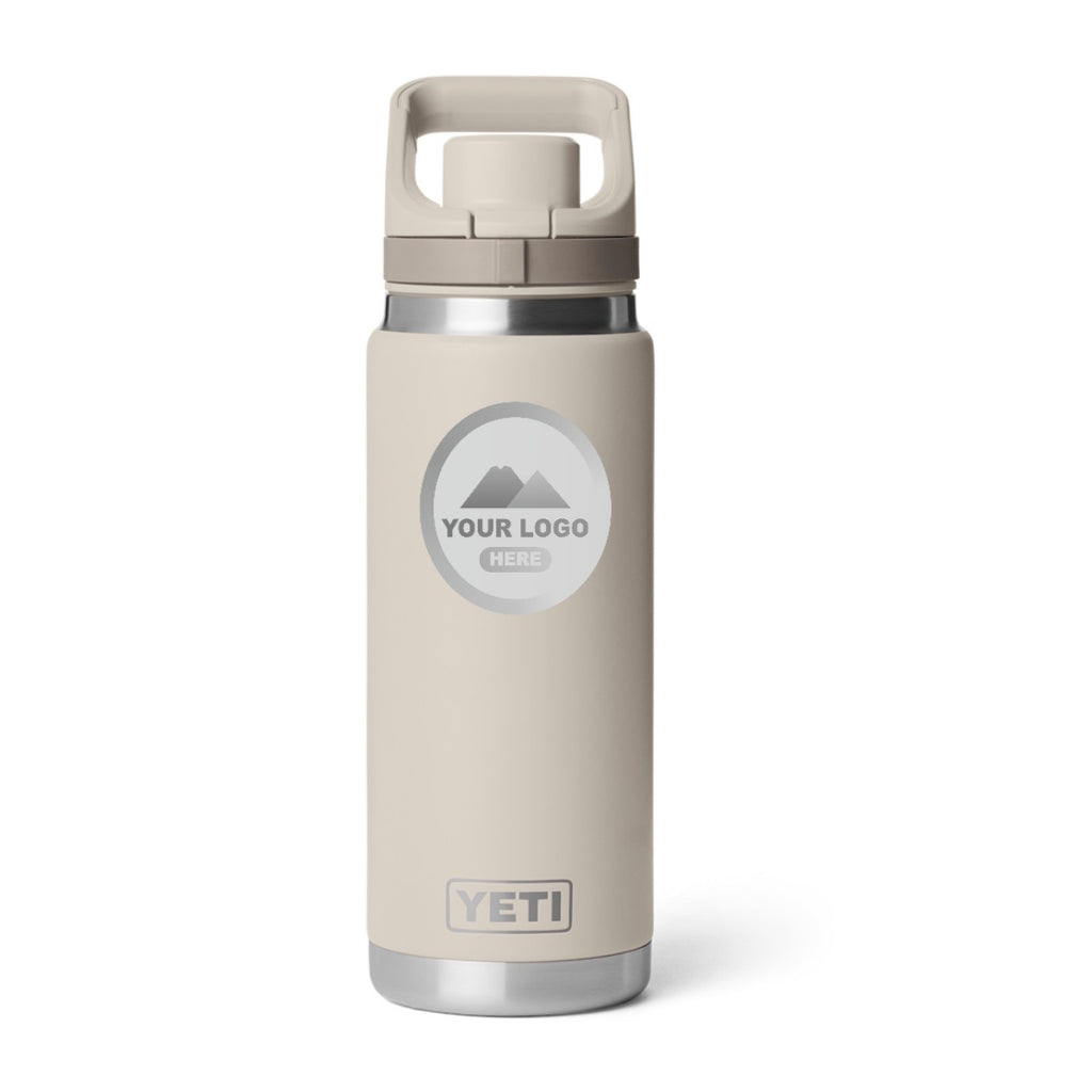 YETI Rambler 26 oz water bottle in Cape Taupe, laser engraved with a sample logo