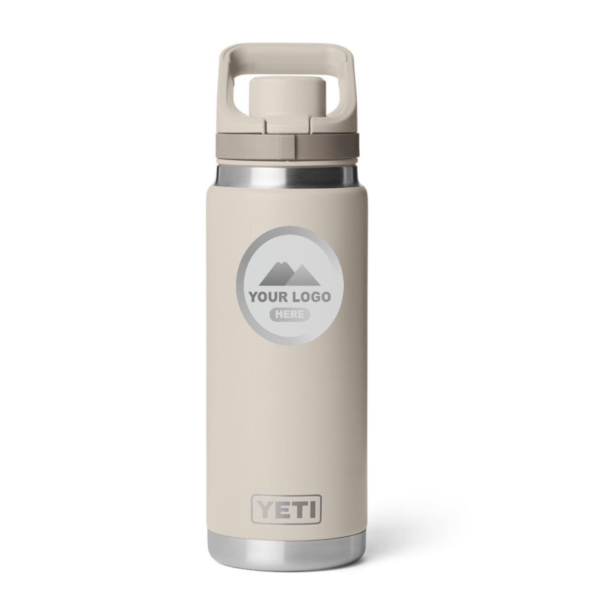 YETI Rambler 26 oz water bottle in Cape Taupe, laser engraved with a sample logo