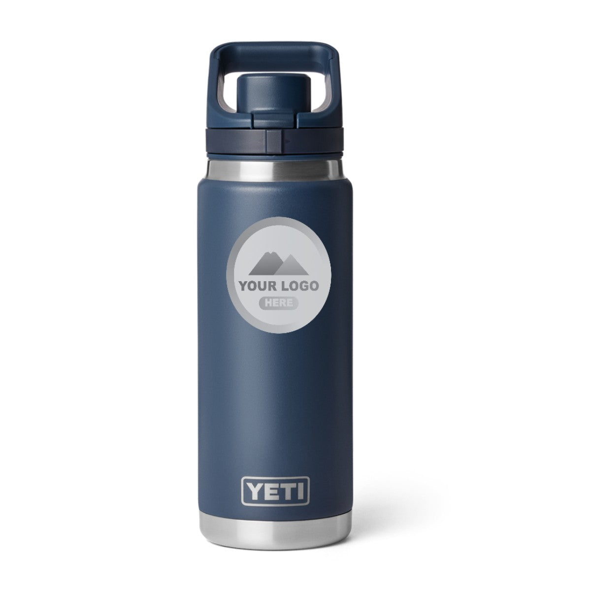 YETI Rambler 26 oz water bottle in Navy, laser engraved with a sample logo