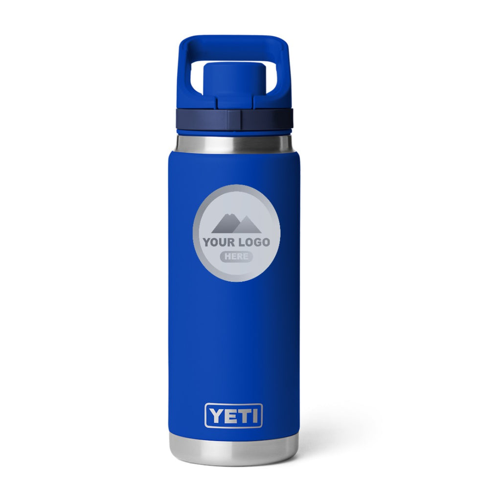 YETI Rambler 26 oz water bottle in Royal Blue, laser engraved with a sample logo