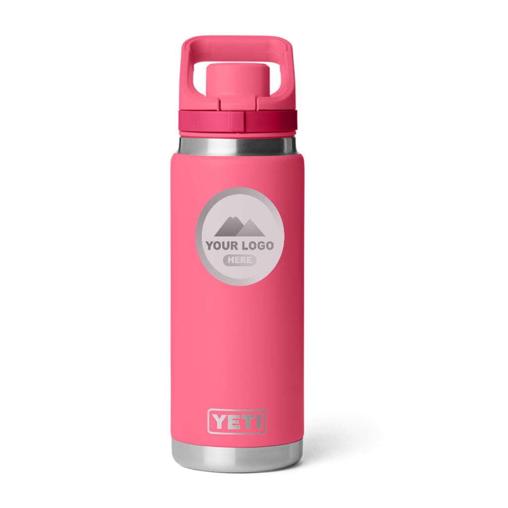 YETI Rambler 26 oz water bottle in Tropical Pink, laser engraved with a sample logo