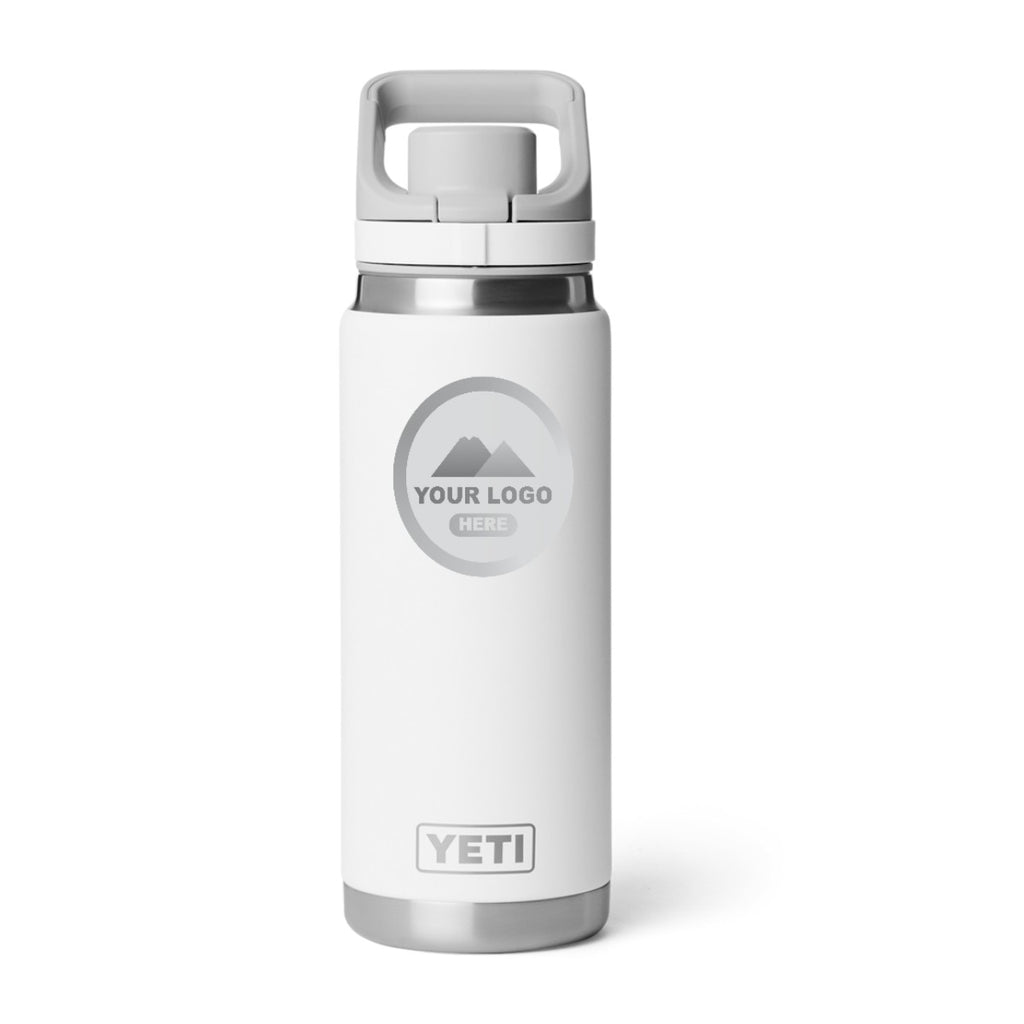 YETI Rambler 26 oz water bottle in White, laser engraved with a sample logo