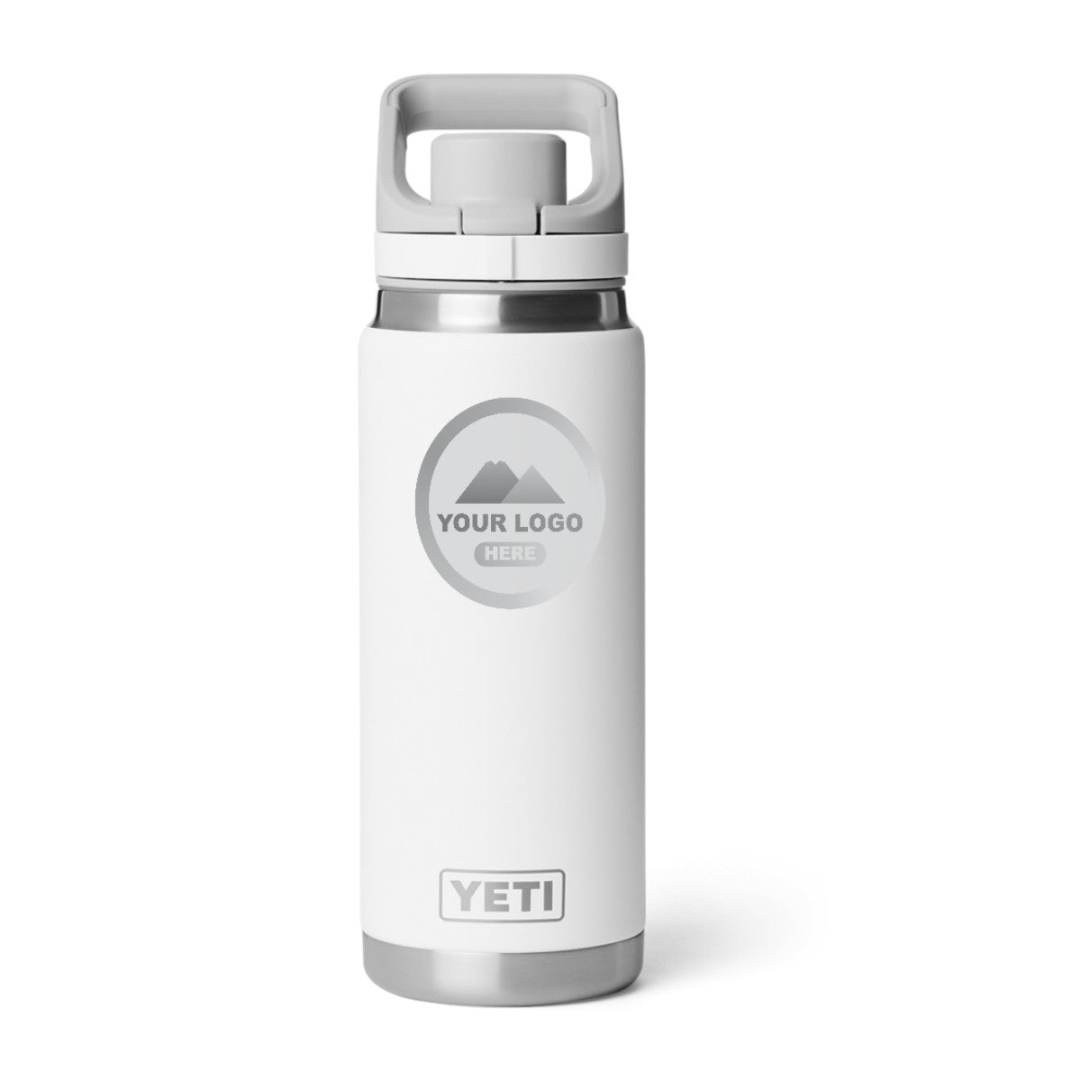 YETI Rambler 26 oz water bottle in White, laser engraved with a sample logo