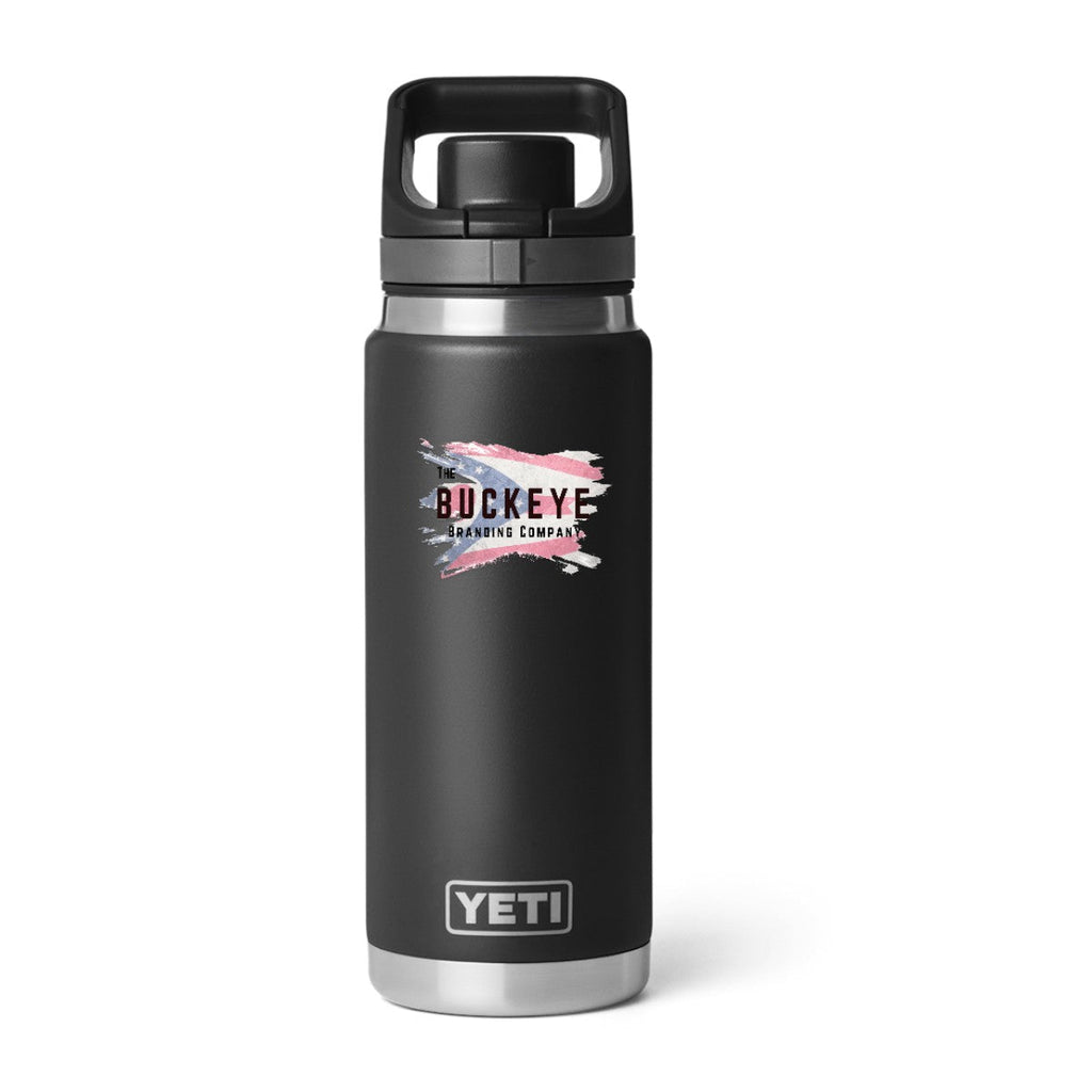 YETI Rambler 26 oz. water bottle in Black, UV printed with a full-color sample logo