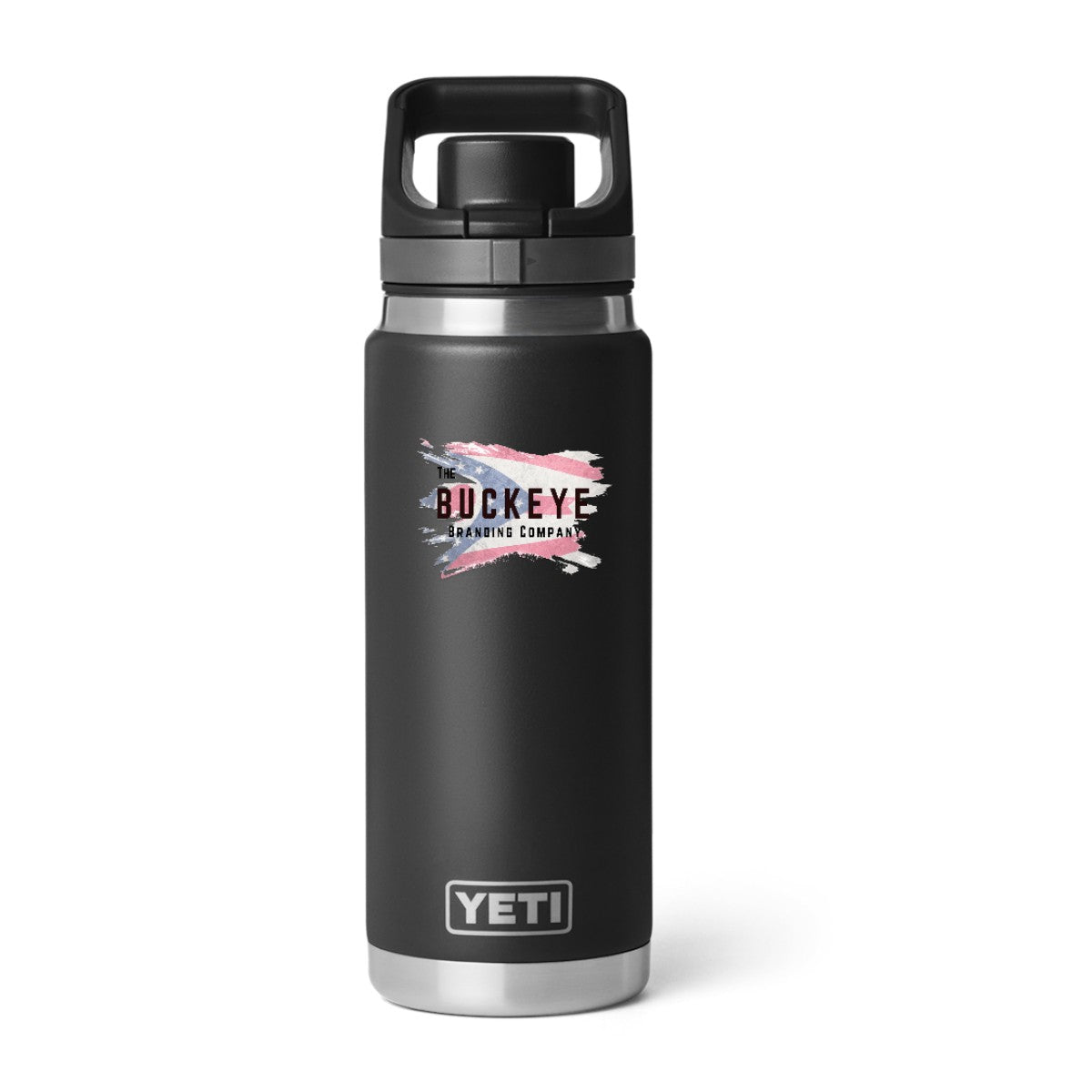 YETI Rambler 26 oz. water bottle in Black, UV printed with a full-color sample logo