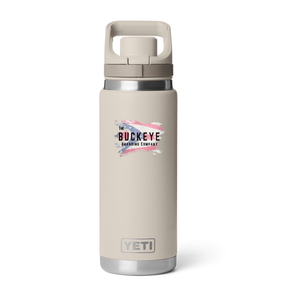 YETI Rambler 26 oz. water bottle in Cape Taupe, UV printed with a full-color sample logo