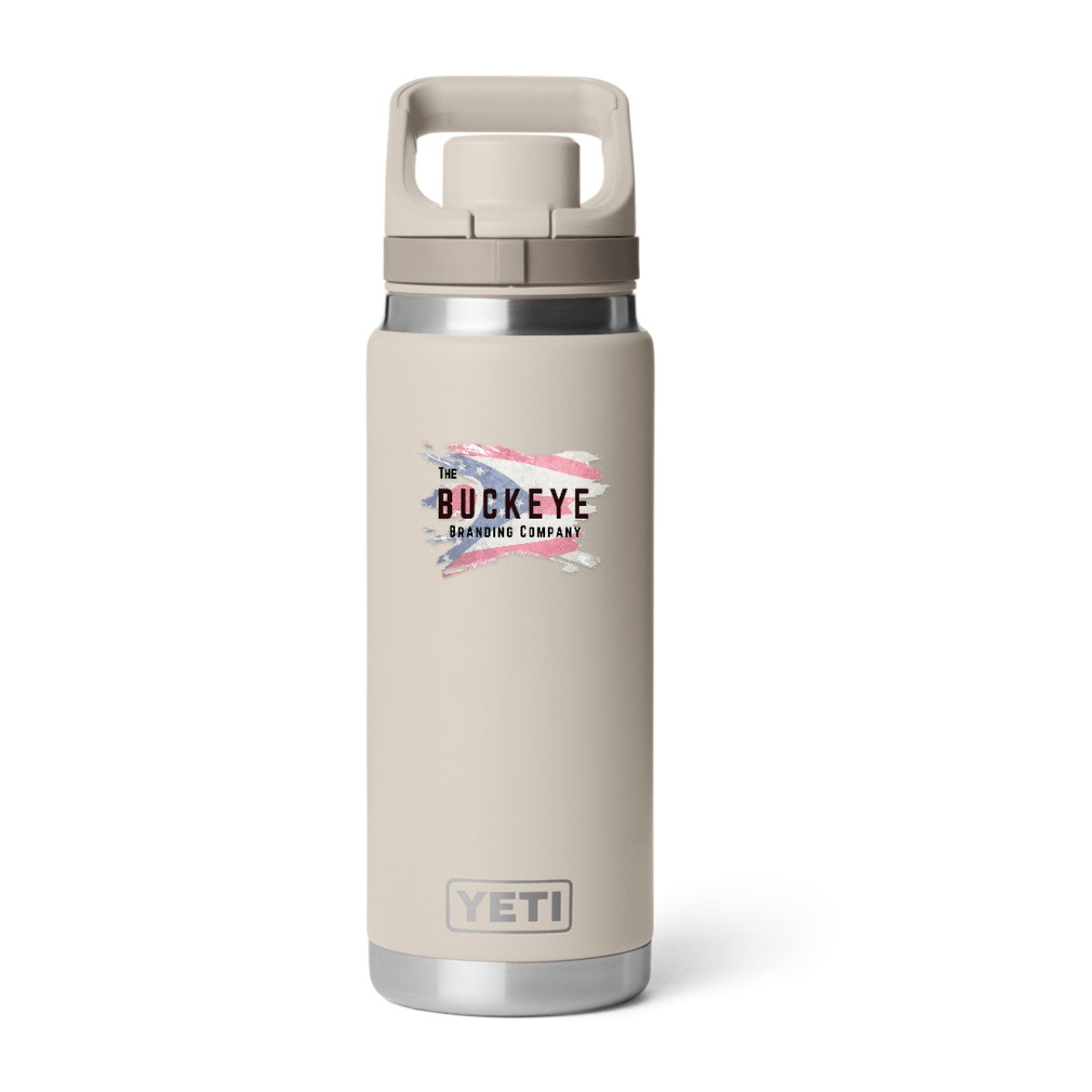 YETI Rambler 26 oz. water bottle in Cape Taupe, UV printed with a full-color sample logo