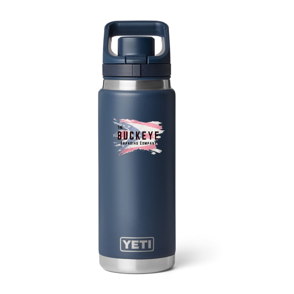 YETI Rambler 26 oz. water bottle in Navy, UV printed with a full-color sample logo