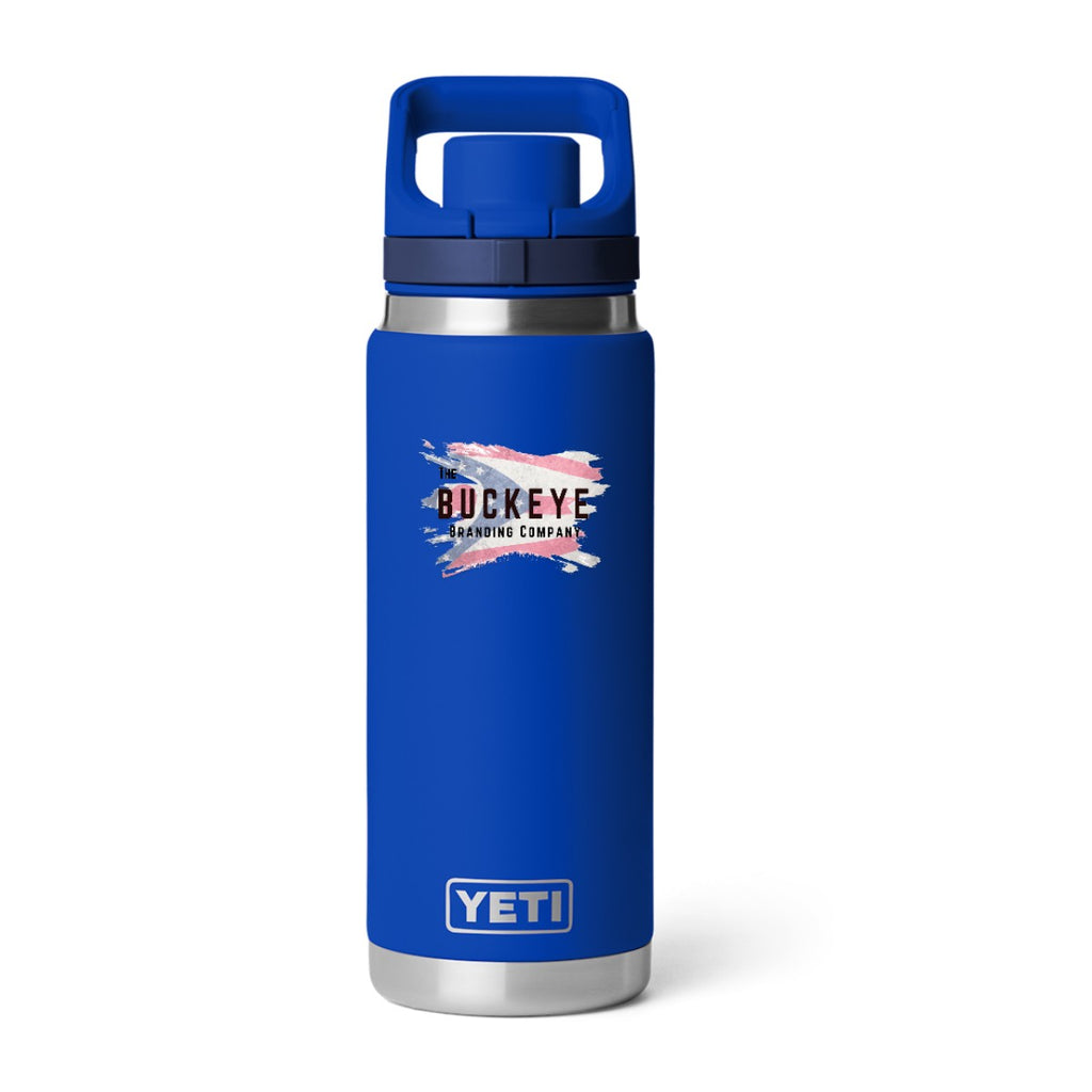 YETI Rambler 26 oz. water bottle in Royal Blue, UV printed with a full-color sample logo