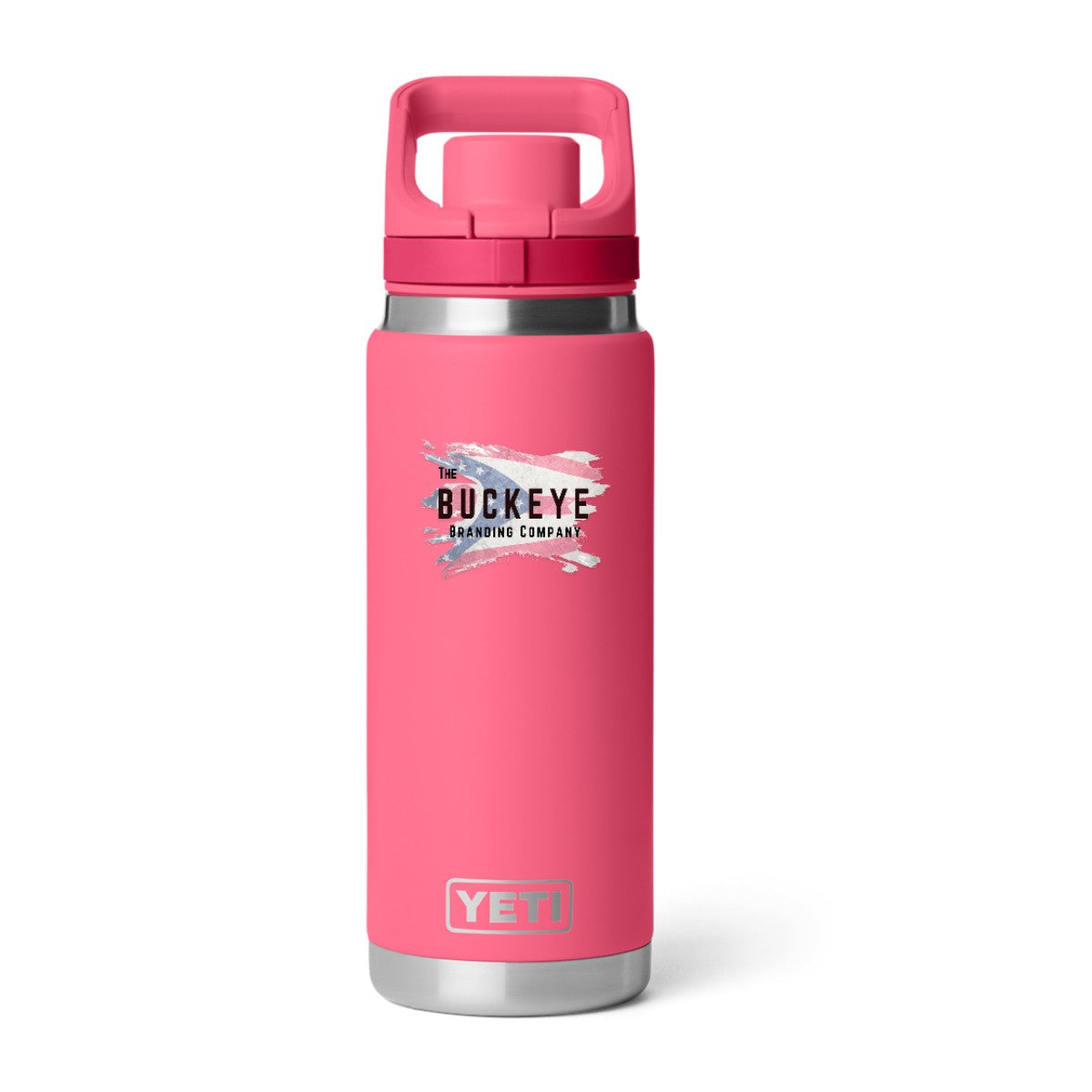 YETI Rambler 26 oz. water bottle in Tropical Pink, UV printed with a full-color sample logo