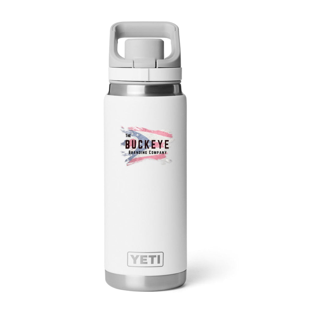 YETI Rambler 26 oz. water bottle in White, UV printed with a full-color sample logo