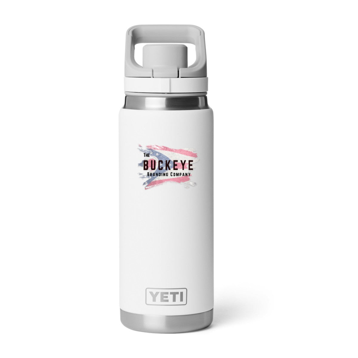 YETI Rambler 26 oz. water bottle in White, UV printed with a full-color sample logo