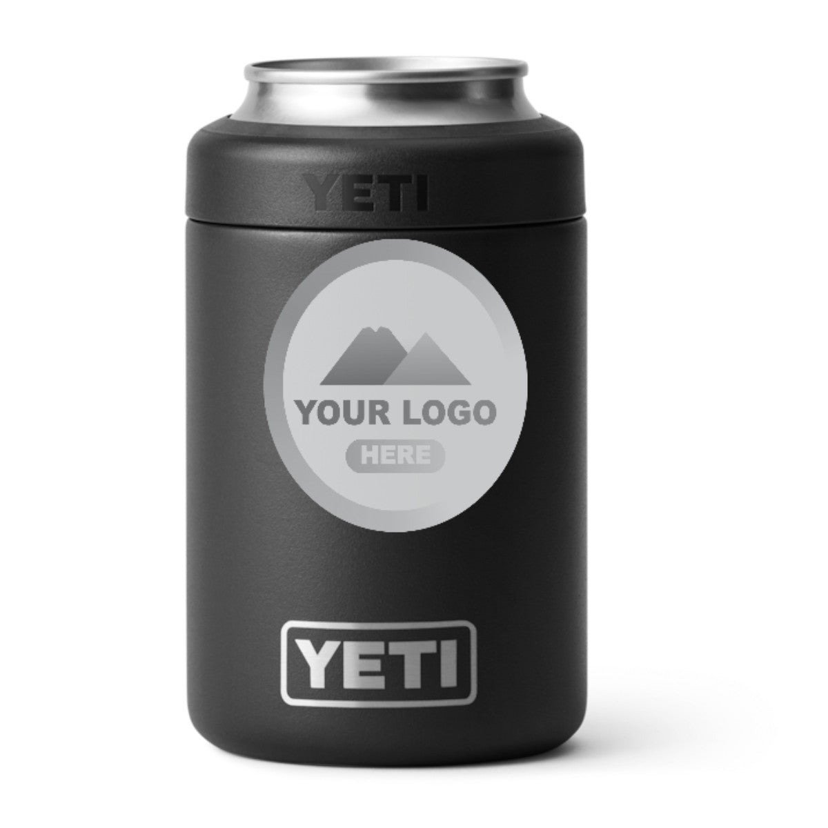 YETI Rambler 12 oz Colster can cooler in Black, laser engraved with a sample logo