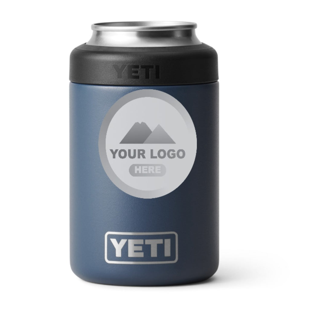 YETI Rambler 12 oz Colster can cooler in Navy, laser engraved with a sample logo