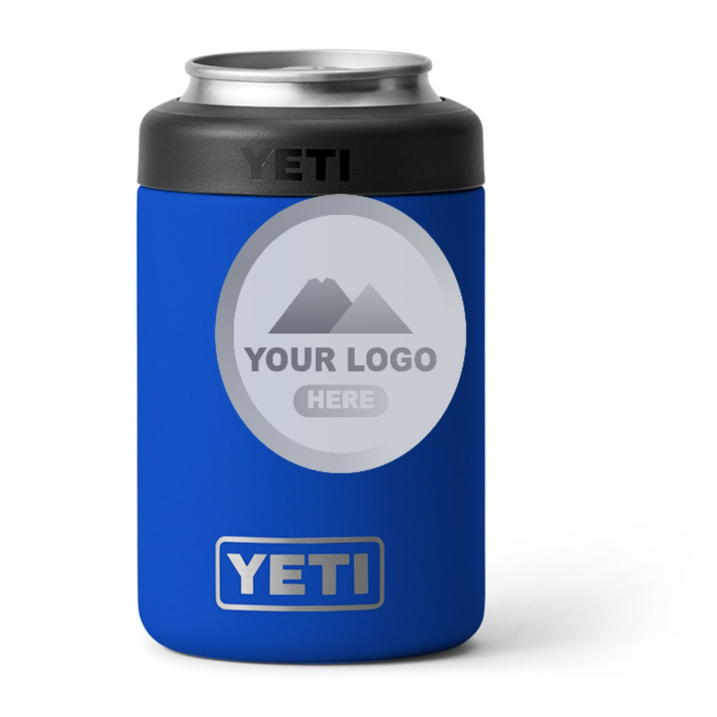 YETI Rambler 12 oz Colster can cooler in Royal Blue, laser engraved with a sample logo