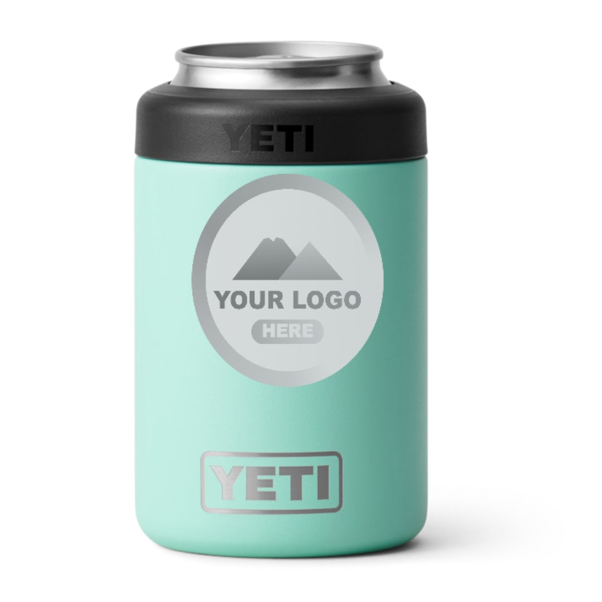 YETI Rambler 12 oz Colster can cooler in Seafoam, laser engraved with a sample logo