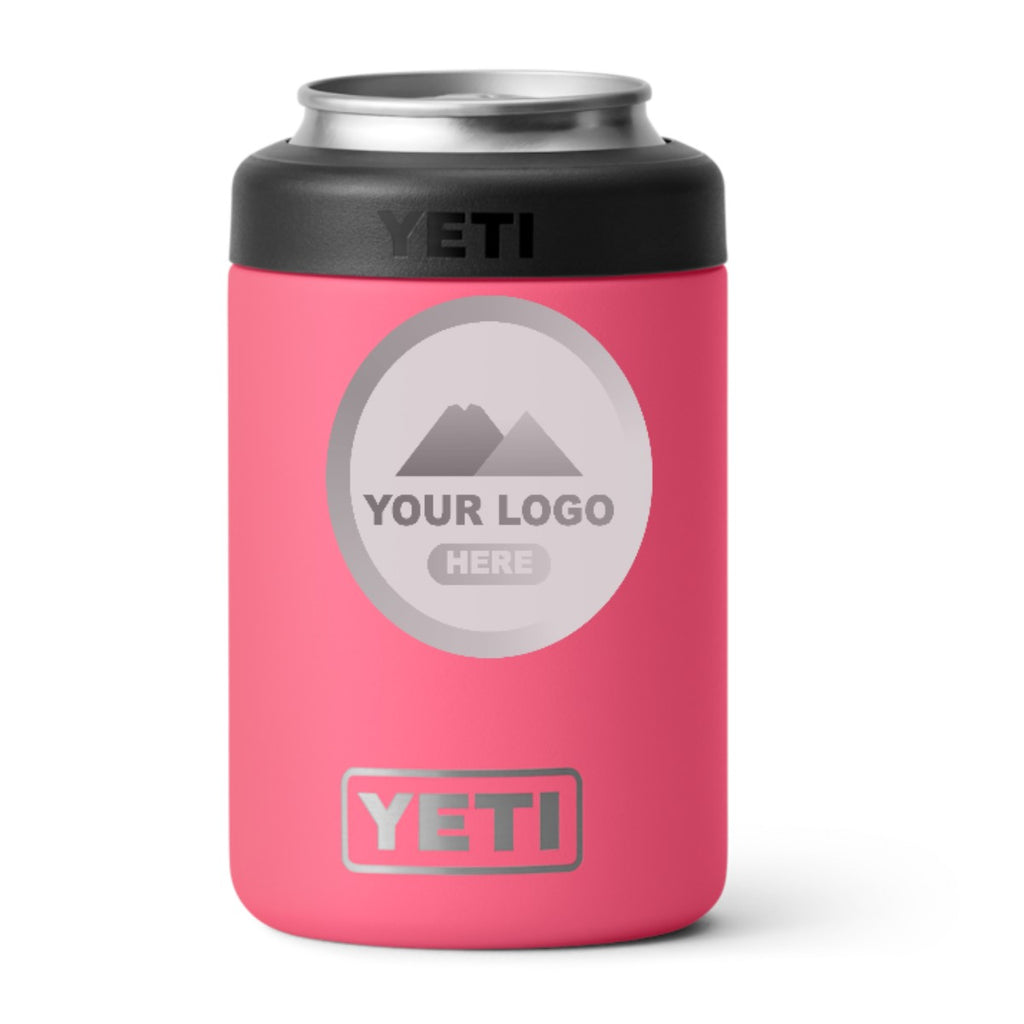 YETI Rambler 12 oz Colster can cooler in Tropical Pink, laser engraved with a sample logo