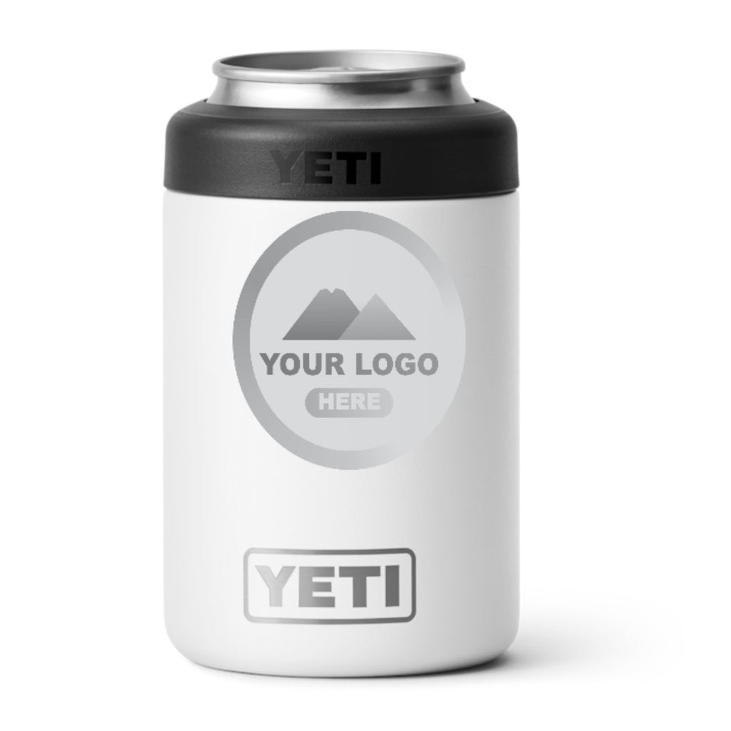 YETI Rambler 12 oz Colster can cooler in White, laser engraved with a sample logo