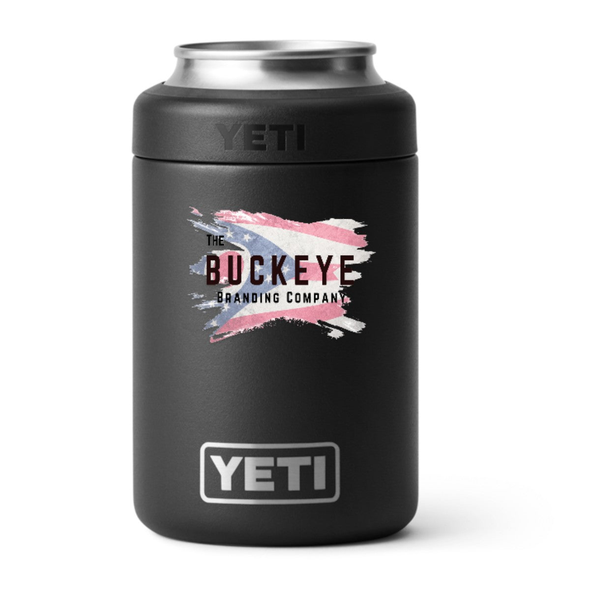YETI Rambler 12 oz. Colster can cooler in Black, UV printed with a full-color sample logo