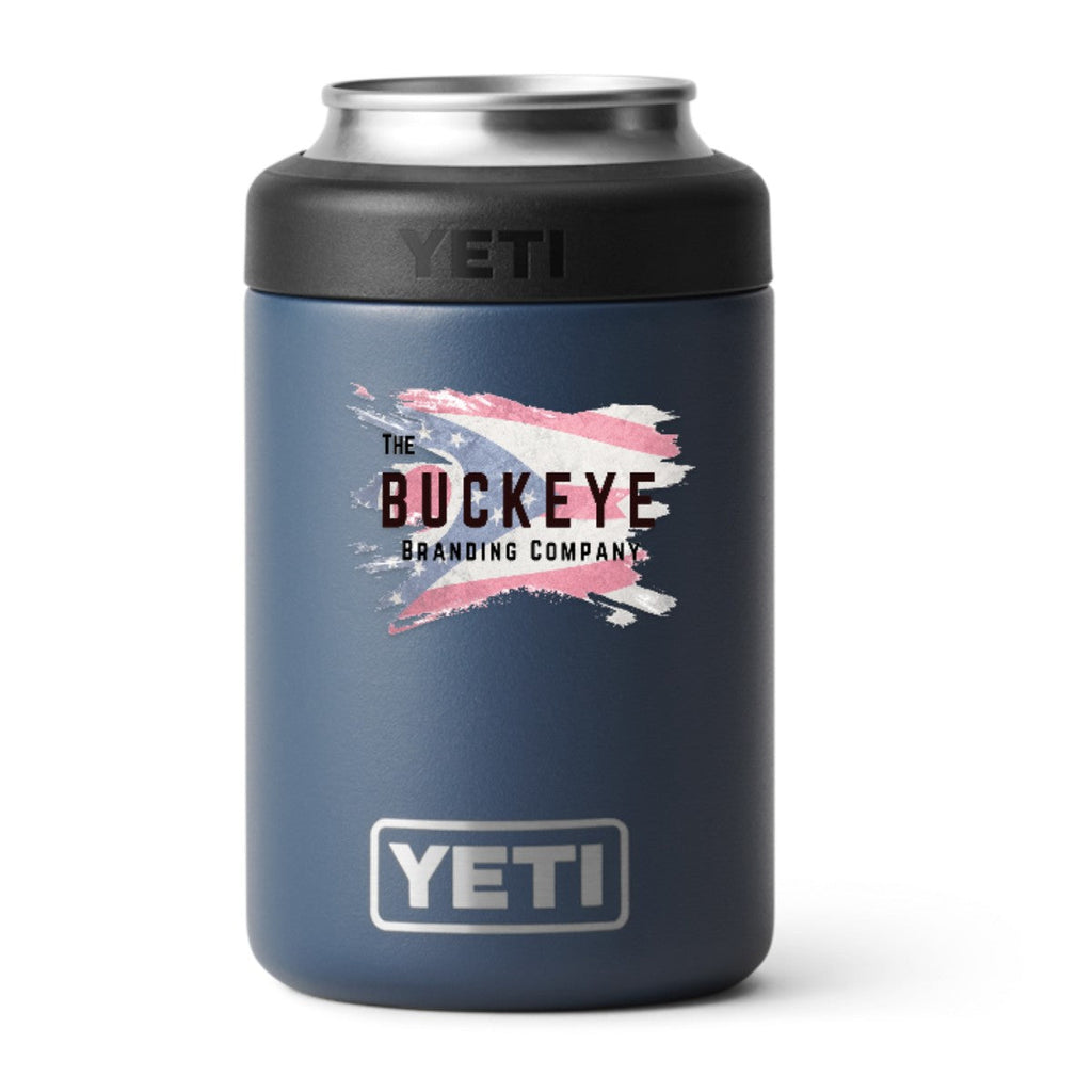 YETI Rambler 12 oz. Colster can cooler in Navy, UV printed with a full-color sample logo