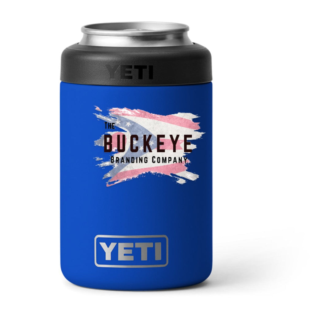 YETI Rambler 12 oz. Colster can cooler in Royal Blue, UV printed with a full-color sample logo