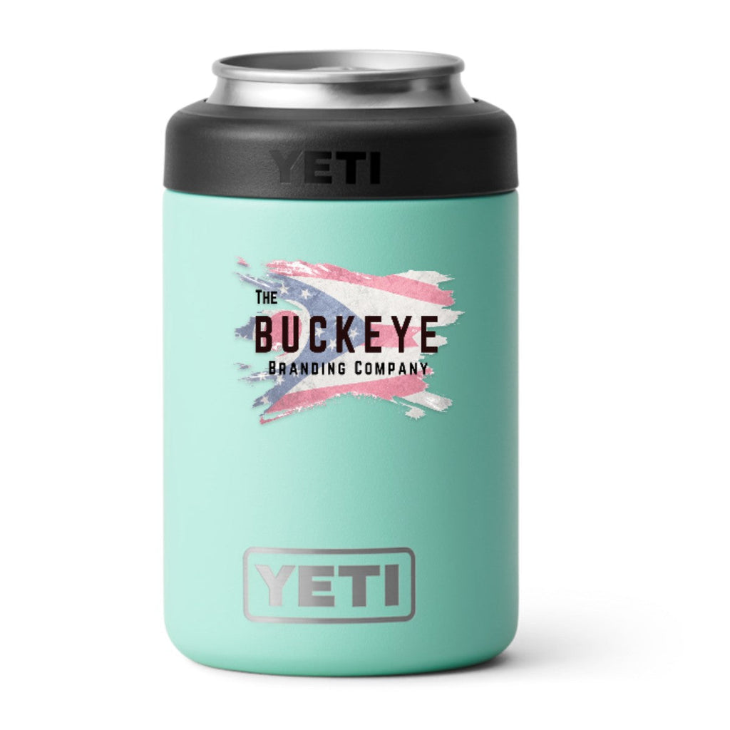 YETI Rambler 12 oz. Colster can cooler in Sea Foam, UV printed with a full-color sample logo