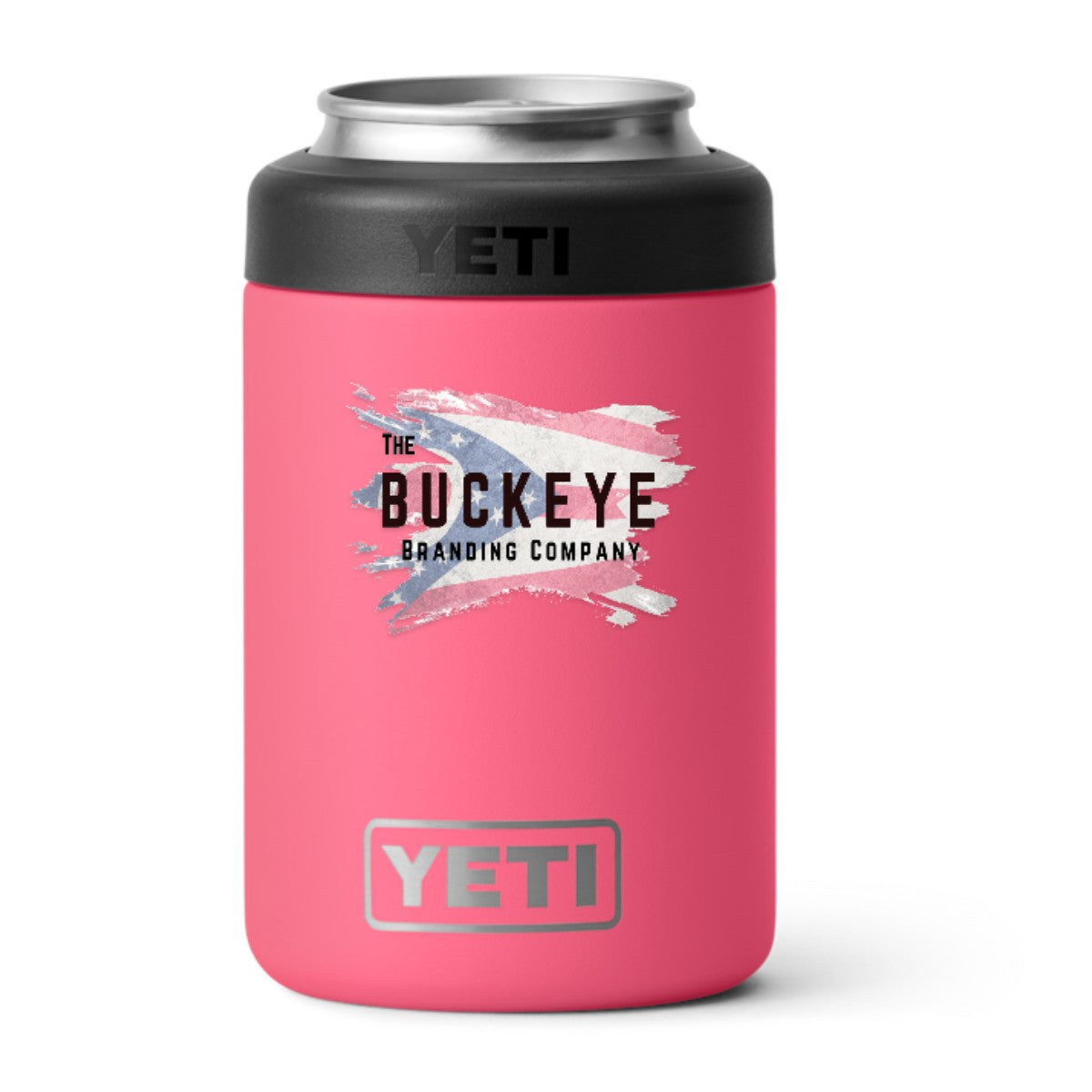 YETI Rambler 12 oz. Colster can cooler in Tropical Pink, UV printed with a full-color sample logo