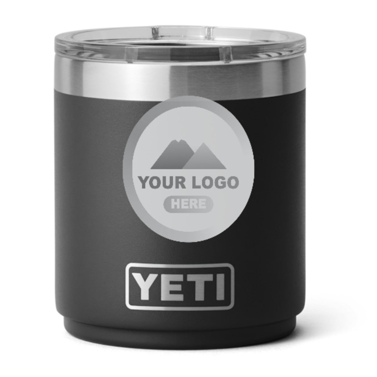 YETI 10 oz stackable lowball in Black, laser engraved with a sample logo