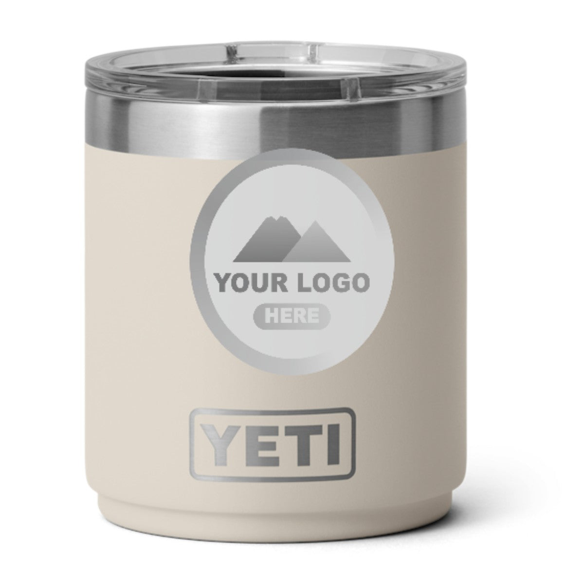 YETI 10 oz stackable lowball in Cape Taupe, laser engraved with a sample logo