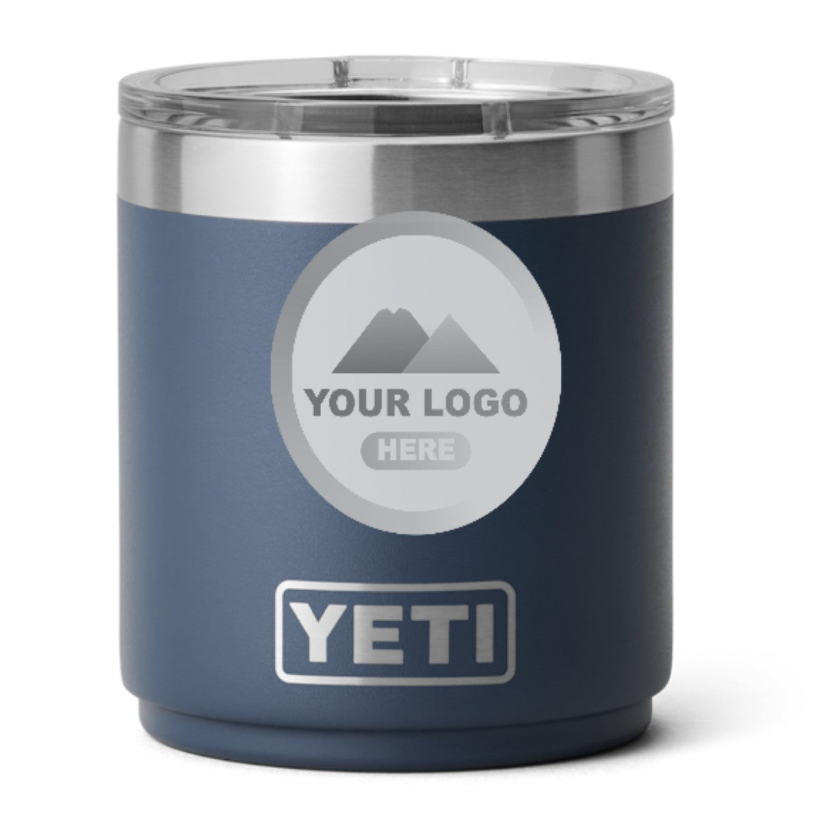 YETI 10 oz stackable lowball in Navy, laser engraved with a sample logo