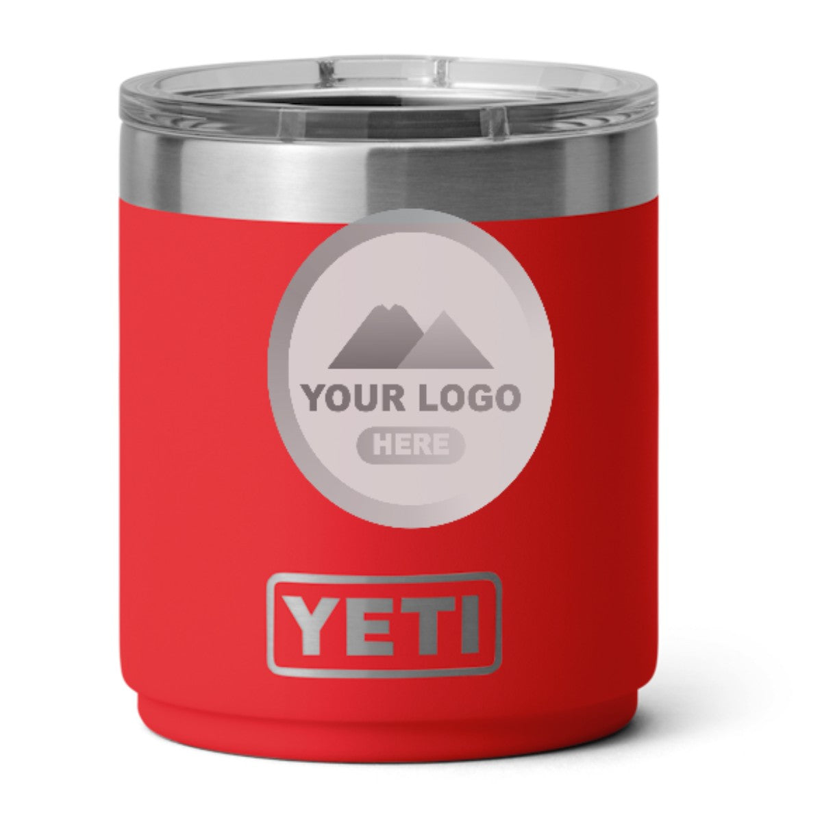 YETI 10 oz stackable lowball in Red, laser engraved with a sample logo