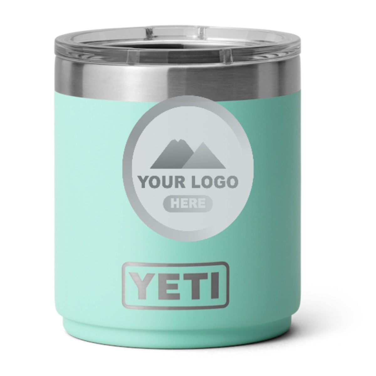 YETI 10 oz stackable lowball in Seafoam, laser engraved with a sample logo