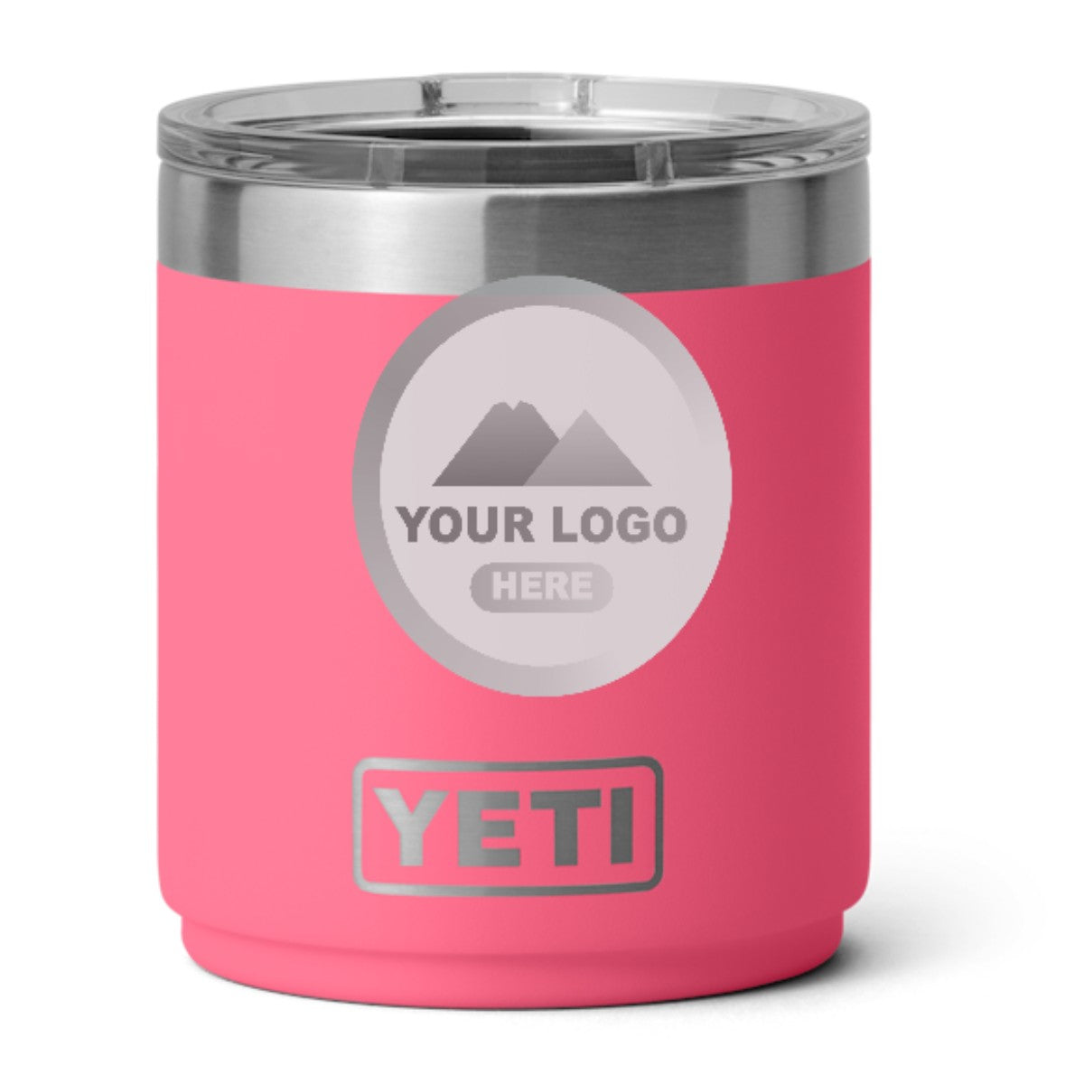 YETI 10 oz stackable lowball in Tropical Pink, laser engraved with a sample logo