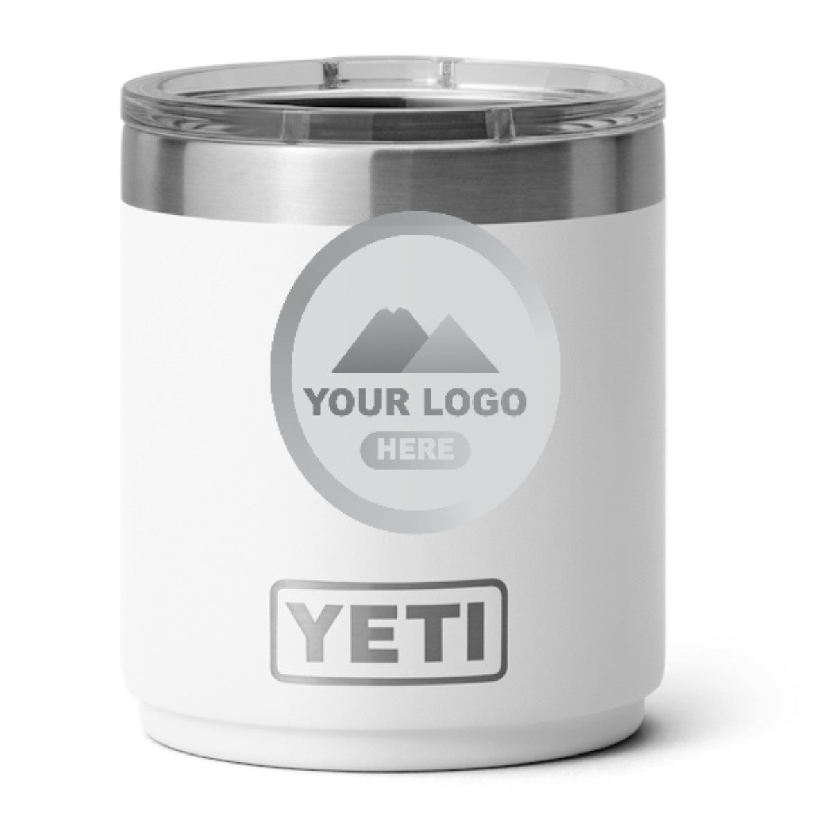 YETI 10 oz stackable lowball in White, laser engraved with a sample logo