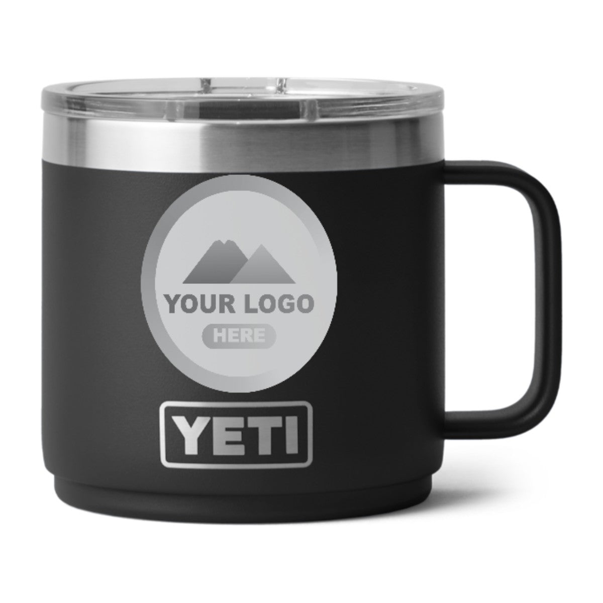 YETI Rambler 14 oz stackable mug in Black, laser engraved with a sample logo