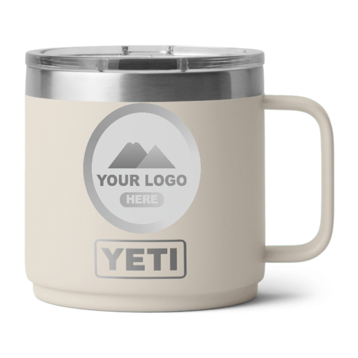 YETI Rambler 14 oz stackable mug in Cape Taupe, laser engraved with a sample logo